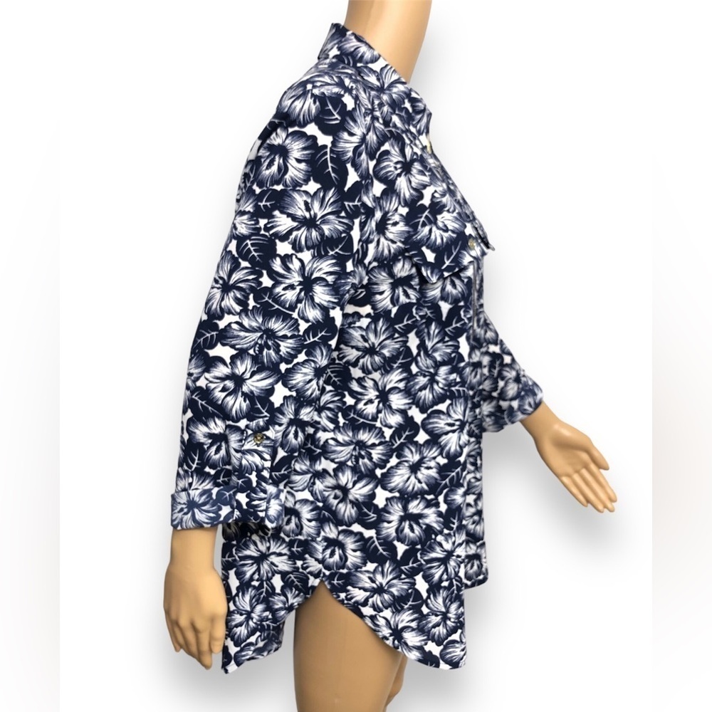 MICHAEL KORS Long Roll-tab Sleeve Floral Blue Hibiscus Tunic Top Blouse Size L - Picture 6 of 14